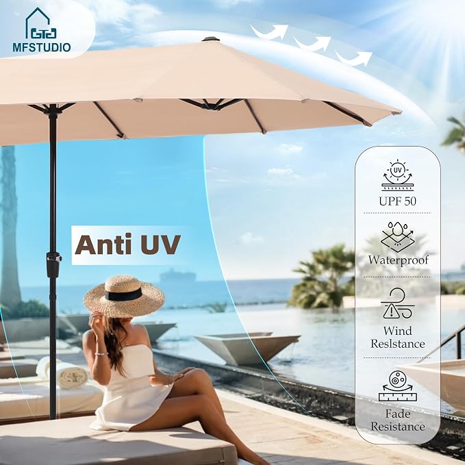 MFSTUDIO Outdoor Dining Set with Umbrella, Patio Dining Set for 6 Persons, Patio Furniture Set with 1 Rectangular Table Fixed Chairs 2 Swivel Chairs & Beige Umbrella (Base not Included)