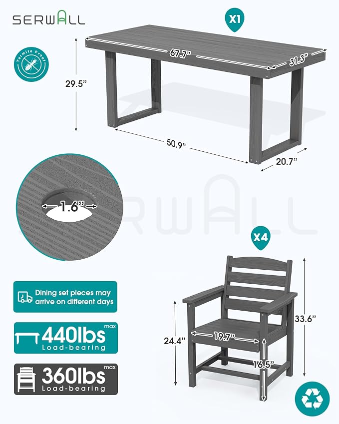 SERWALL HDPE Outdoor Dining Set for 4, 67'' Patio Table and Chairs Set | with Armchair Seat
