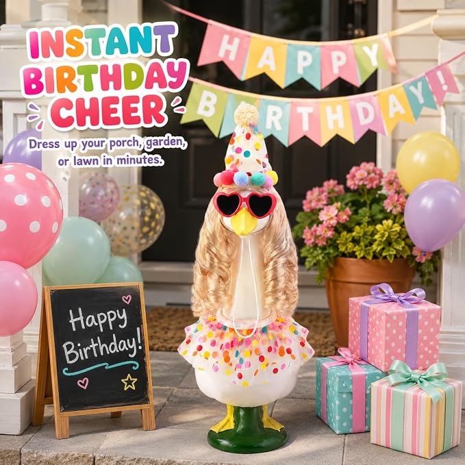 Birthday Porch Goose Outfit 1 Pack with Long Blonde Wig Happy Birthday Hat Scarf Porch Goose Outfits Party Style Outdoor Decor for Lawn Geese Statues