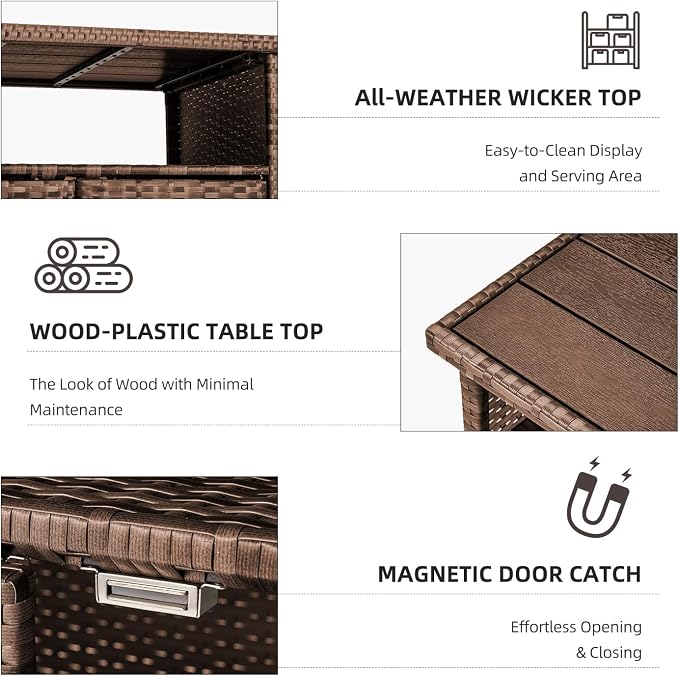 Wicker Outdoor Storage Cabinet with Wheels, Patio Grill Tables for Outside, Outdoor Storage Cabinet for Garden Buffets, Parties, Poolside Gatherings in Brown