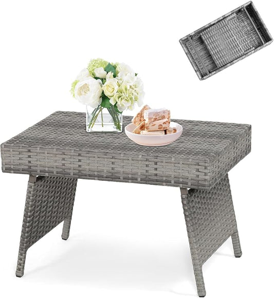 DREAMADE Rattan Side Table, Folding Small Patio Wicker Desk Outdoor Deck Furniture w/PE Rattan, Robust Metal Structure, Outdoor Coffee Table for Patio, Deck, Yard, Poolside, Garden, Balcony (Gray)
