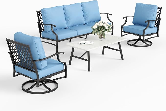 SUNSHINE VALLEY 4 Piece Metal Outdoor Patio Furniture Set, Patio Conversation Sets 1 3-seater Sofa, 2 Swivel Chair with 5.75" Extra Thick Cushion and Coffee Table, Black Frame Backyard Furniture, Blue