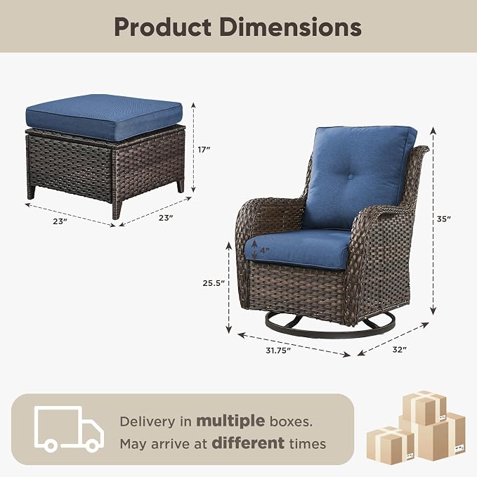 Belord Outdoor Swivel Chairs Set of 2,Patio Wicker Rocker Chairs with Ottomans, All Weather Patio Conversation Furniture Set, Ideal for Porch Balcony Deck Yard, Brown Wicker/Blue