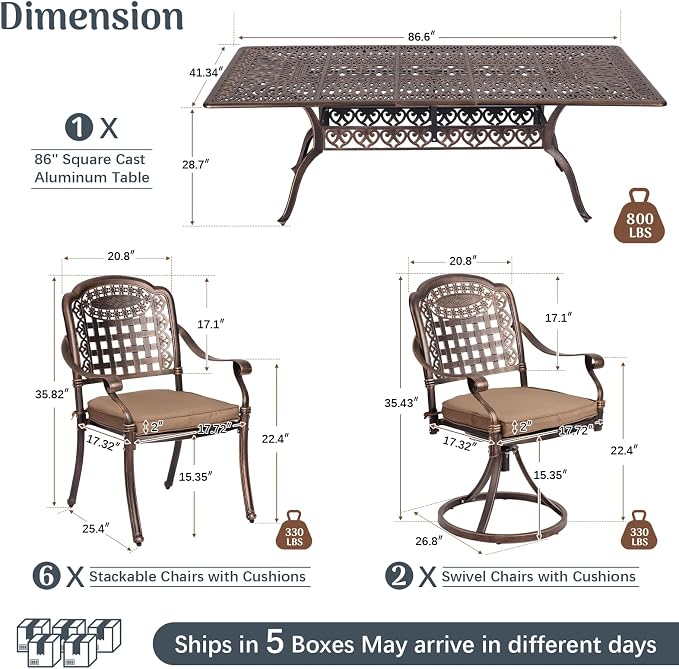 Redlife 9-Piece Cast Aluminum Outdoor Dining Set, 86" Rectangular Patio Table with Umbrella Hole, 2 Swivel Rocker Chairs & 6 Stackable Chairs with Cushion,Lattice Backrest, All-Weather Waterproof
