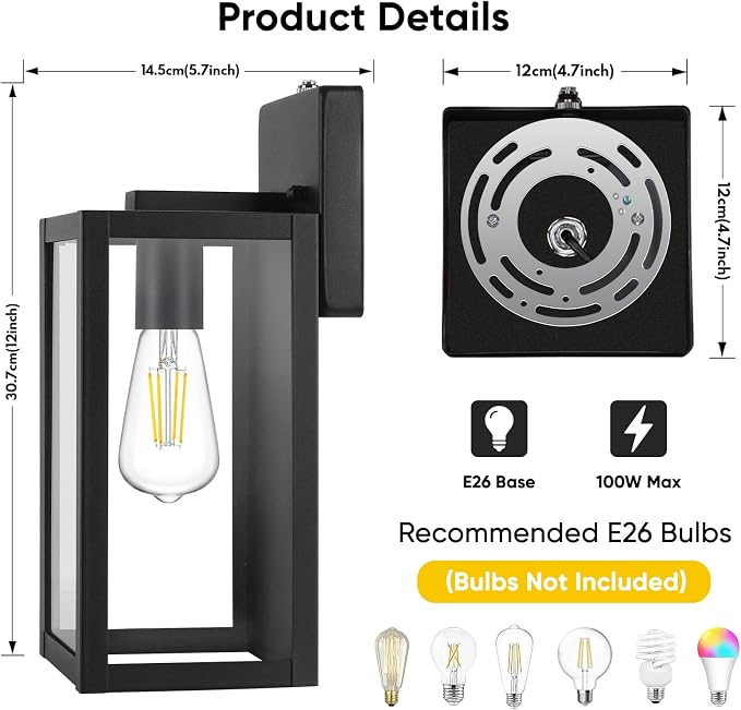 BesLowe 2-Pack Dusk to Dawn Outdoor Wall Lights, Black Exterior Sconces | Auto ON/OFF, Waterproof, Rust-Resistant, Durable Metal with Clear Glass, Standard E26 Socket, Easy to Install