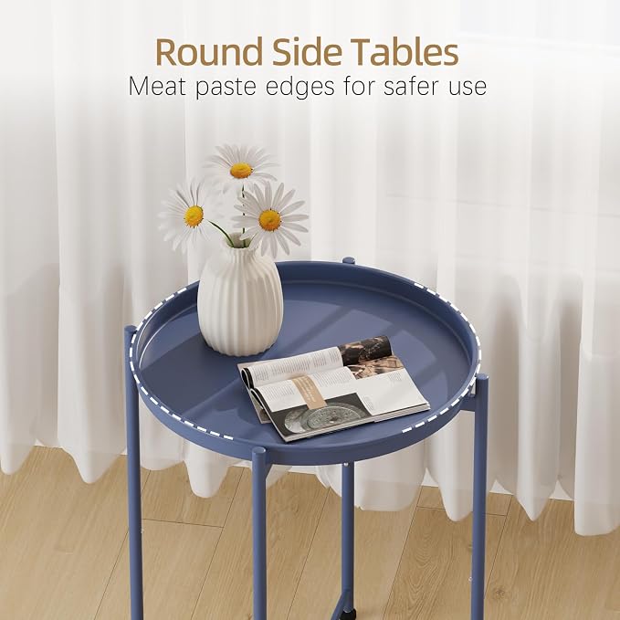 Garden 4 you Small Side Table, Blue Mini Round End Table, Tray Table with Metal Frame, Modern Nightstand for Living Room, Bedroom, Patio, Small Space, 2pcs