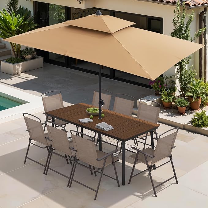 Crestlive Products 9 Piece Patio Dining Set, 70" Walnut Metal Outdoor Table and 8 Folding Chairs, with Umbrella Hole for Porch Poolside Yard Garden, Brown