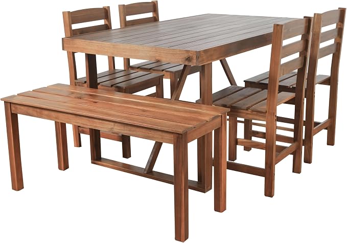 6 Piece Patio Dining Set with Dining Table and Chairs Set, Wood Outdoor Table with Bench, Rectangular Table Set for Balcony and Backyard (Brown)