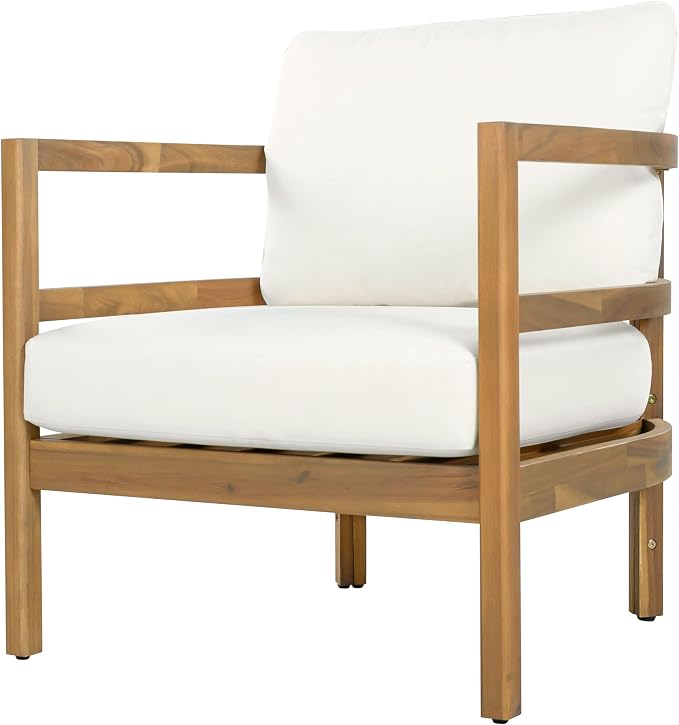 Merax Outdoor Acacia Wood 6-Seater Sectional Sofa Set with Cushions, Wood Patio Modular Lounge with Corner & 1 Table & 1 Club Chair for Balcony, Deck, Garden, Beige + Light Brown