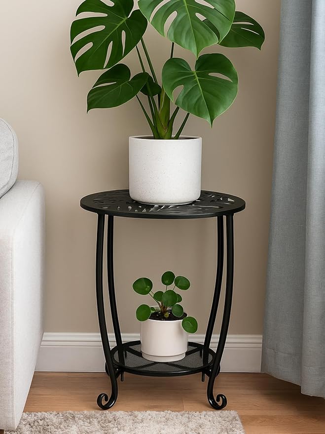 2-Tier Metal Round Side Table Set of Two Black Accent Coffee Tables Small Space Corner Plant Stand Shelf for Indoor Outdoor Porch Patio Balcony Living Room End Table with Storage Weather-Resistant
