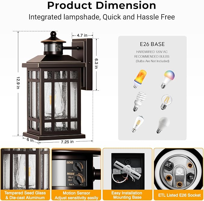 Adjustable Sensitivity Motion Sensor Outdoor Lights, 2 Packs Oil Rubbed Bronze Exterior Lighting Fixtures with Gold Trim, ORB Outdoor Garage Lights Wall Mount for House, Garage, Doorway, Coach
