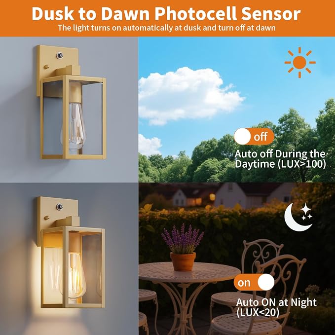 2 Pack Gold Dusk to Dawn Outdoor Front Porch Light Fixtures Wall Mount, Sensor Exterior Lantern Lamp, Outside Lights for House, Waterproof Wall Sconce, Anti Rust Coach Light for Garage Entryway