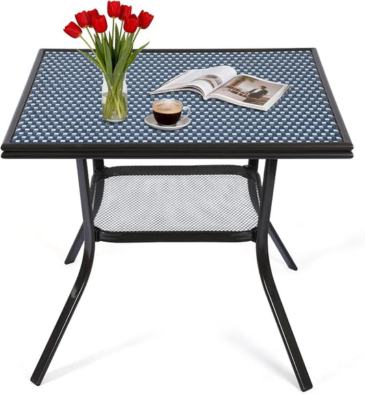 35.2" Outdoor Dining Table for 4 Person, Square Patio Dining Bistro Table with Sturdy Metal Frame & Adjustable Foot Pads for Garden, Backyard and Porch, Partitioned Storage Rack, Blue