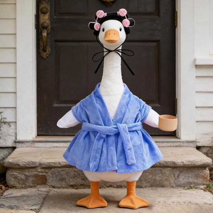 Old Lady Porch Goose Outfits Grandma Goose Clothes Glasses Curly Wig Floral Print Dress Cardign and Pearl Necklace,23'' Geese Statue Outdoor Patio Yard Lawn Decoration (Blue)