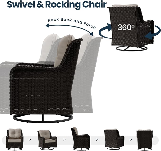 Kullavik 7 Pieces Patio Furniture Set,All-Weather Wicker High Back Outdoor Swivel Rocker Patio Chairs with Coffee Table & Thick Cushions,Paito Conversation Set for Porch,Deck,Sand