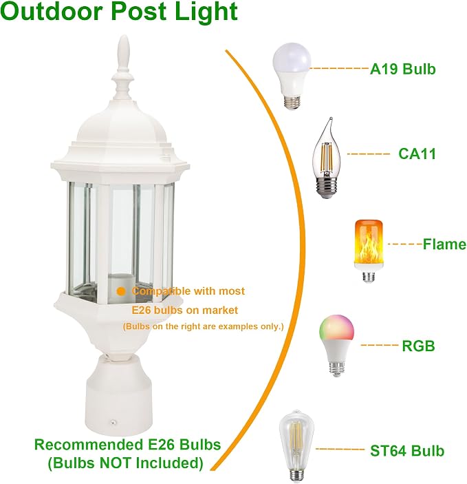 Outdoor Post Light, Rustproof Aluminum Pole Lamp, White | Exterior Lamp Post Light Fixture for Garden, Yard, Pathway, Waterproof, Glass, E26 Base, Max 60W, 2 Pack