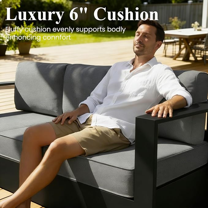 LayinSun Oversized Aluminum Outdoor Furniture Set, 5 Piece Patio Sofa Sets with Coffee Table, Deep Seating and Upgraded 6-inch Cushions for Porch, Balcony, Deck