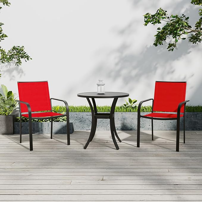 3 Piece 27.5" Outdoor Round Table and Cherry Red Stackable Chairs Small Set | Stackable Chairs, Metal Round Table, Slat Table Top, 2 Person Use, All Weather, Textilene fabric Seat and Back
