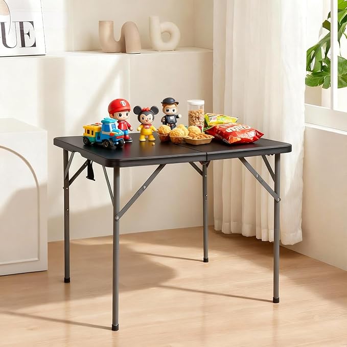 34" Folding Card Table, Heavy Duty Plastic Square Table - Portable Fold-in-Half w/Handle & Lock for Camping, BBQ, Party, Events, Black