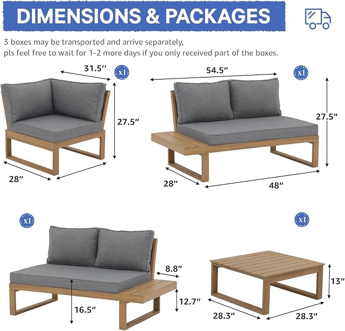 SUNSITT 4 Piece Acacia Wood Patio Furniture with Waterproof Cover, L-Shaped Outdoor Sectional Sofa Set with Coffee Table, FSC Certified Conversation Set with Built-in Side Table & Grey Cushions
