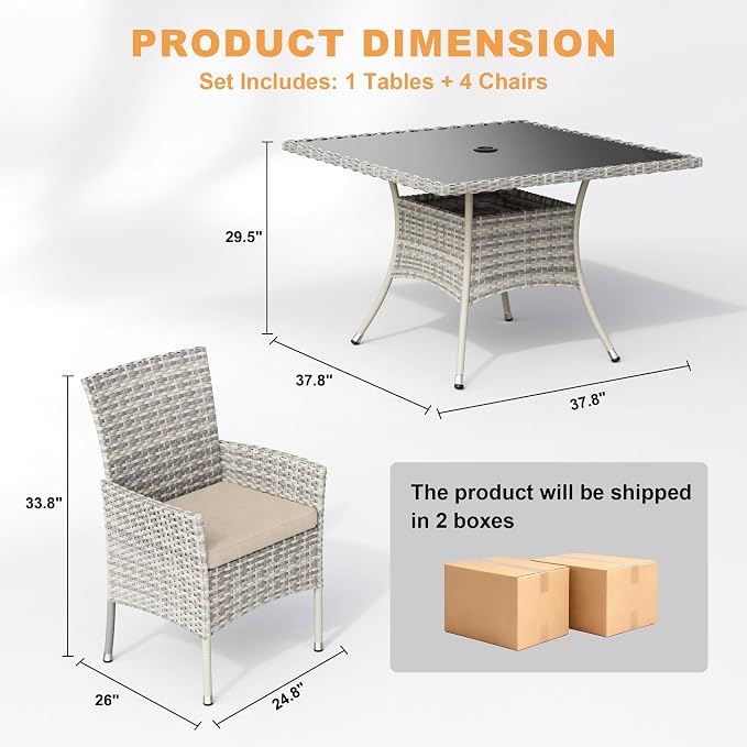5-Piece Patio Dining Set, Patio Furniture Set with Square Tempered Glass Table & 4 Wicker Chairs, Expandable Design for Larger Groups, Outdoor Furniture for Backyard, Deck, Garden, Beige
