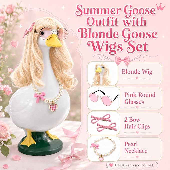 Porch Goose Summer Outfits Wigs Blonde 1 Pack Summer Outfits for Porch Goose with Blonde Long Wigs Princess Style Outdoor Decor for Lawn Goose Statues