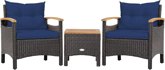 HAPPYGRILL 3 Pieces Patio Rattan Conversation Set, Outdoor PE Wicker Furniture Set Bistro Set with Coffee Table, Soft Seat Cushions & Throw Pillows, Acacia Wood Sofa Set for Patio Courtyard Poolside