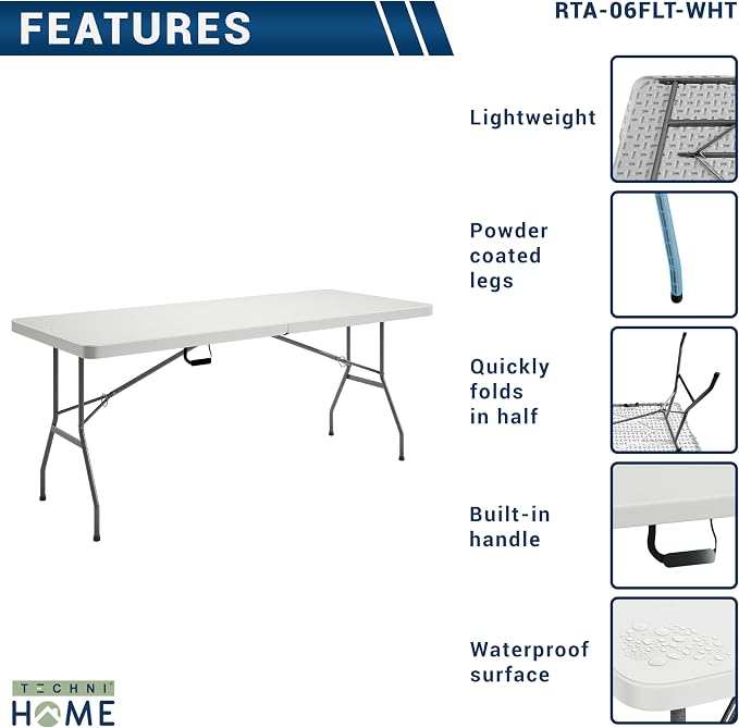 6 FT Granite White Folding Table with Easy- Carry Handle – Premium 6 Foot Folding Table Ideal for Camping, Picnic, Party or Home Use