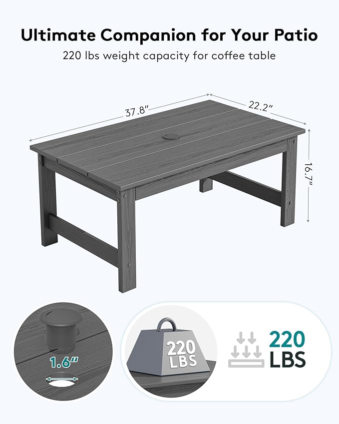 SERWALL HDPE Patio Coffee Table, Rectangle Outdoor Coffee Table, All-Weather Coffee Side Table for Balcony, Poolside, Deck, Garden, Gray