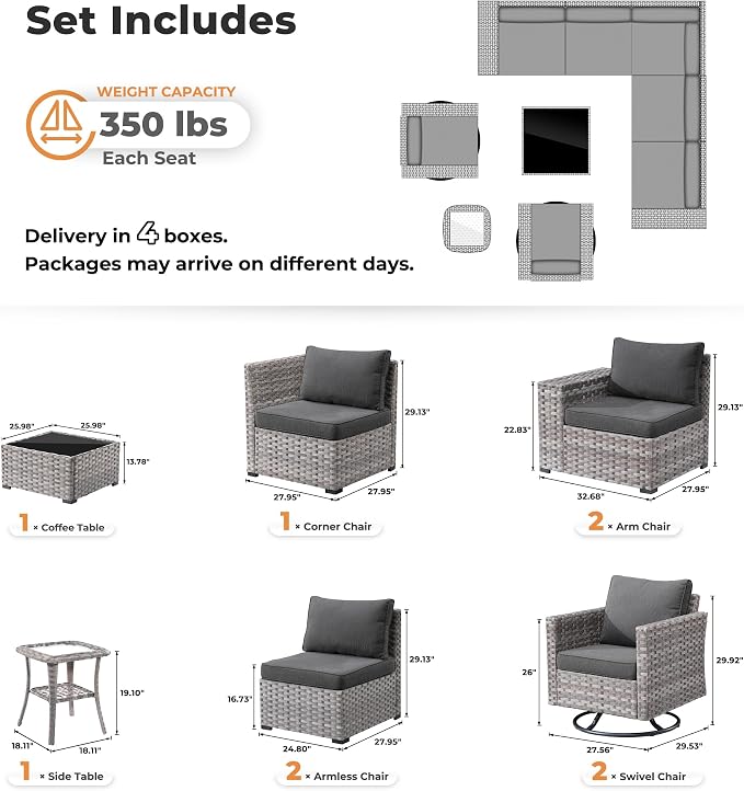 ovios 9 Pieces Patio Furniture Set, Outdoor Wicker Sectional Sofa with 2 Swivel Chairs Coffee Table, Modern Modular Deep Seat Rattan Couch Conversation Sets, Black