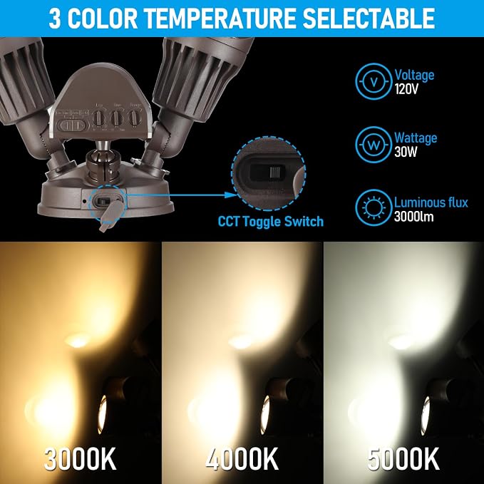 LEONLITE 3CCT Motion Sensor Security Lights Dusk to Dawn IP65 Bronze | LED Motion Detector Flood Light Outdoor, 3000K4000K5000K Selectable, ETL Listed, Adjustable Heads, Aluminum, Waterproof