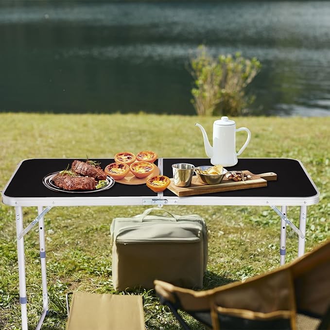 4Ft Folding Table, Portable Aluminum Camping Table with Adjustable Height, Lightweight Foldable Camp Table for Outdoor Picnic BBQ Beach, Black