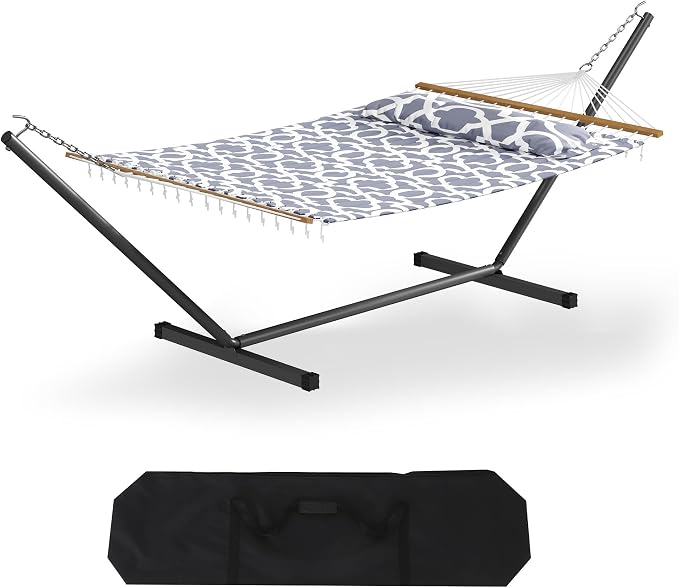 Garvee 57" Double Hammock with Heavy Duty Stand – 2 Person Hammock, Widening Cotton Fabric Design, 450 LB Capacity for Indoor & Outdoor Use (Light Grey)