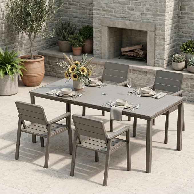 Outdoor Dining Set with Aluminum Frame for 4,Grey | HDPE table, chairs included, 2" umbrella hole, weather-resistant furniture, ideal for backyard, deck, porch, garden, poolside