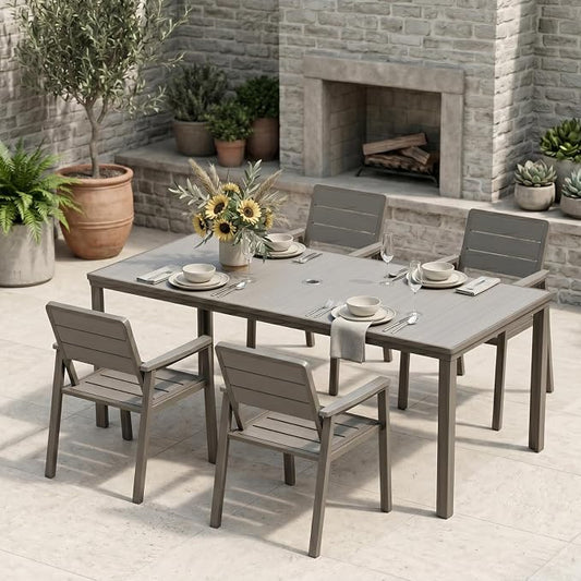 Outdoor Dining Set with Aluminum Frame for 4,Grey | HDPE table, chairs included, 2" umbrella hole, weather-resistant furniture, ideal for backyard, deck, porch, garden, poolside