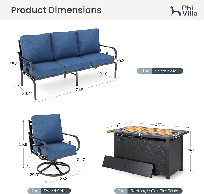 PHI VILLA Patio Furniture Set, 3-Seater Sofa, 2 Swivel Chairs and a 45" Fire Pit Table, Outdoor Metal Conversation Set with 5.75" Extra Thick Cushion for Garden Backyard Deck, Navy