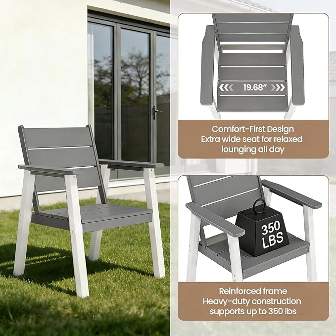 Outdoor Dining Chairs Set of 2,HDPE Patio Chairs with Wide Seat,Ergonomic Design Outdoor Furniture for Porch,Backyard,Deck,White and Grey