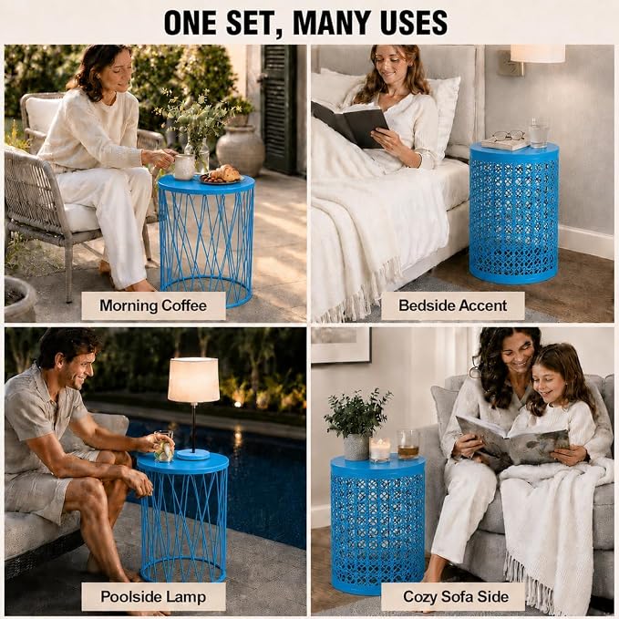 Y&M Outdoor Side Tables, Set of 3 Metal Stacking Patio Side Tables for Outside, Round Indoor End Tables, Coffee Accent Poolside Tables for Patio Garden Balcony, Blue