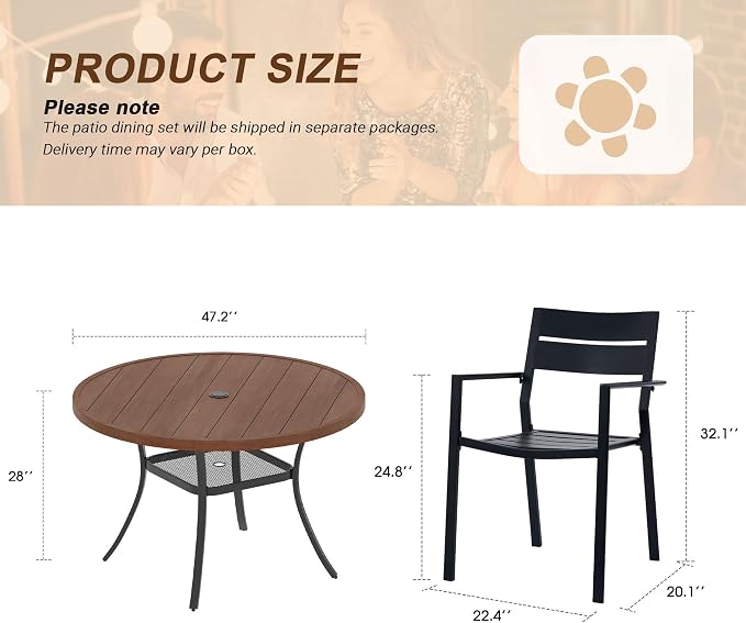 VICLLAX Patio 7 Pieces Outdoor Dining Set, Wrought Iron Metal Outdoor Table and Chairs Set, 47" Round Table with Umbrella Hole and 6 Stackable Chairs for Lawn, Garden, Porch, Walnut/Black