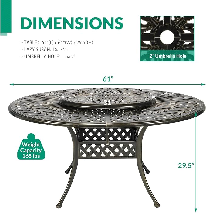 VIVIJASON Outdoor 61" Patio Dining Table for 6-8 Person, Patio Large Round Dining Table with Lazy Susan, All Weather Cast Aluminum Rustic Patio Table with 2" Umbrella Hole for Balcony, Porch and Deck