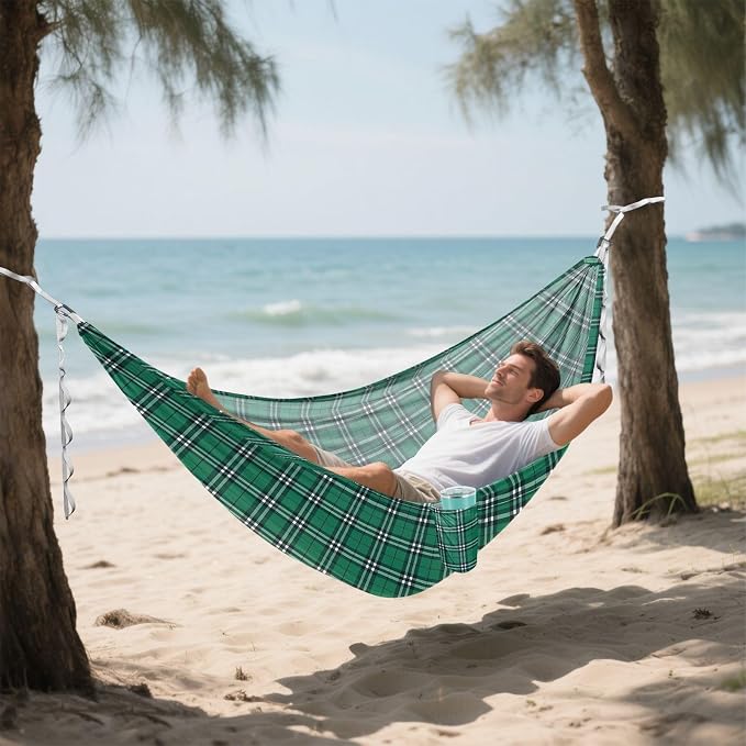 Camping Hammock Outdoor Hammocks for Outside Check Plaid Green 1 Beach Trees Portable Lightweight with Pockets Tree Straps Indoor