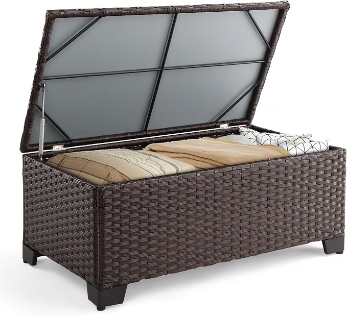 VINGLI Outdoor Coffee Table with Storage, All-Weather Dark Brown Wicker Patio Table for Garden, Balcony, Backyard