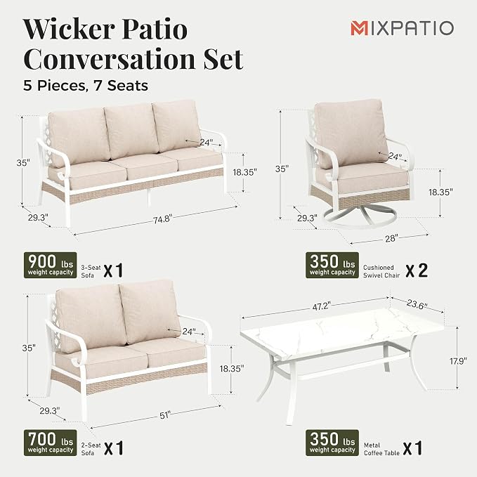 MIXPATIO 5 Piece Patio Furniture Set, 2 x Swivel Chair, 1 x 2-Seat Sofa, 1 x 3-Seat Sofa with Marbling Coffee Table, All Cushioned 7 Seats Outdoor Conversation Set for Lawn Garden Backyard, Beige