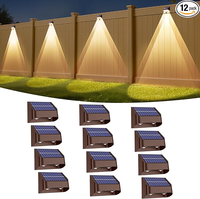 Long Lasting Solar Fence Lights Outdoor,3000/4000/6000K,Deck Lights Waterproof,Perfect for Winter and Rainy Days,Dusk to Dawn High Brightness Solar Lighting for Wall,Step,Yard,Patio,Backyard(12 Pack)