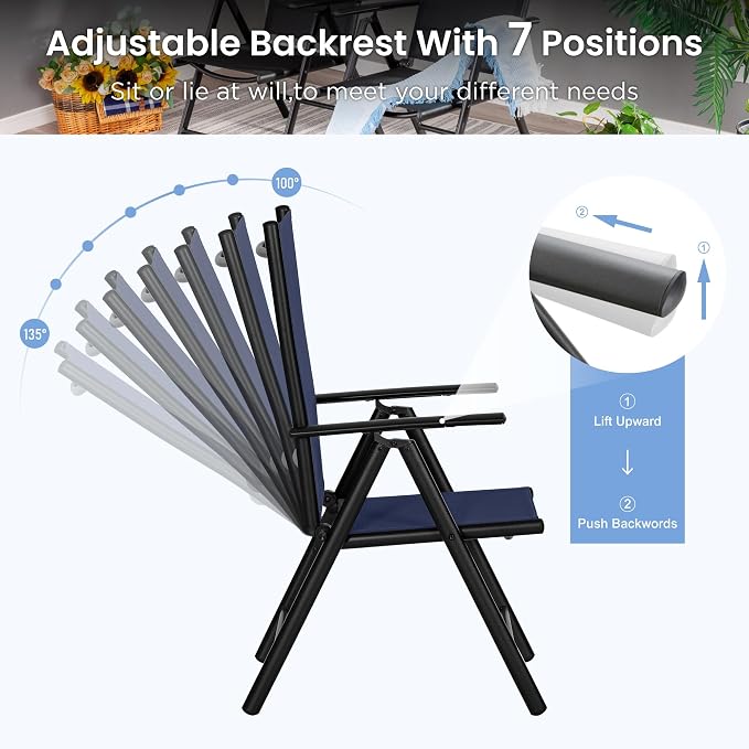 PHI VILLA Outdoor Dining Set for 8 w/Square Table & Folding Chairs, Blue | Light-weight & space-saving, Breathable & quick-drying, Metal Table, Umbrella Hole, Weather-Resistant, Adjustable, Patio deck