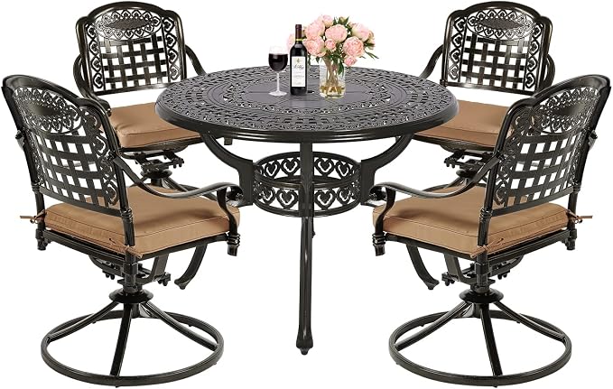 MEETWARM 5-Piece Outdoor Patio Dining Set, All-Weather Cast Aluminum Patio Conversation Set with 4 Cushions Swivel Rocker Chairs for Backyard Garden Deck and 38.5" Round Table, 2.2" Umbrella Hole