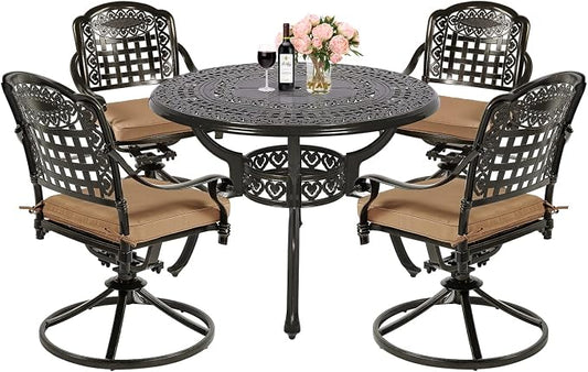 MEETWARM 5-Piece Outdoor Patio Dining Set, All-Weather Cast Aluminum Patio Conversation Set with 4 Cushions Swivel Rocker Chairs for Backyard Garden Deck and 38.5" Round Table, 2.2" Umbrella Hole