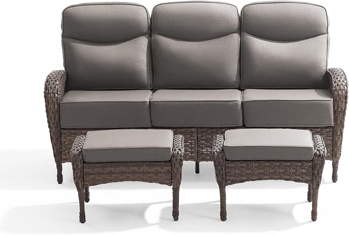 Outdoor Patio Sofa Set (3pcs) with High-Back Design—Thickened Cushions, Sofa Footstool, Patio Set, All-Weather Wicker Patio Furniture Set, Suitable for Balconies and Patios, Available in Brown/Gery