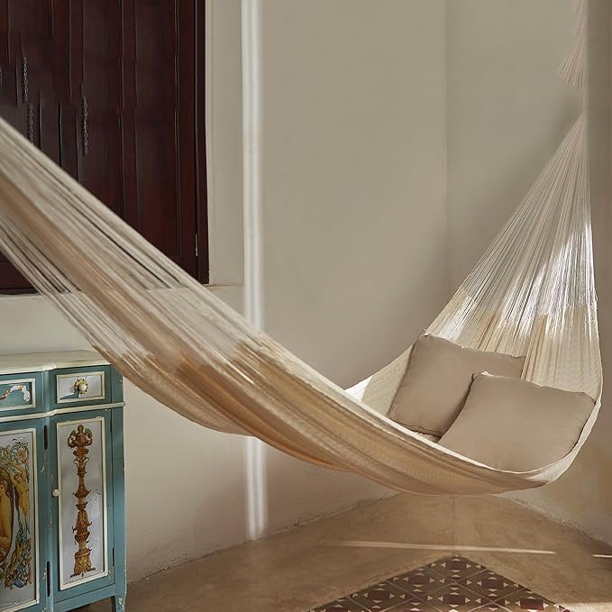 NOVICA Artisan Natural Comfort Cotton Hammock, Handcrafted Ivory and White Solid Mayan Rope Style, Mexico | Bed 78 L x 70 W, Total 158 L