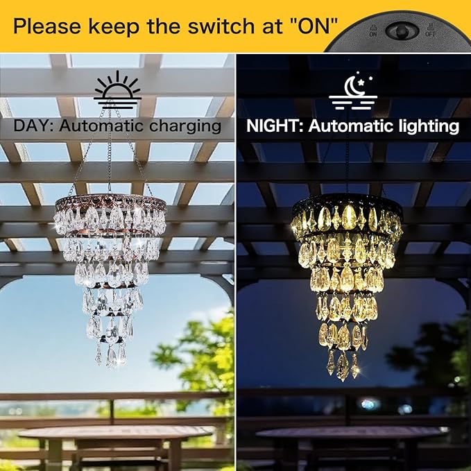 Solar Hanging Crystal Chandelier Outdoor Waterproof Garden Light | Acrylic Beads Bright Warm LED Tree Hanging Lantern for Mom's Gifts Garden Gazebo, Party, Wedding Garden Decor